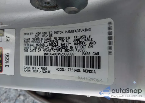 2009 Toyota Corolla Le из США, поврежденный, VIN 1NXBU40EX9Z089383